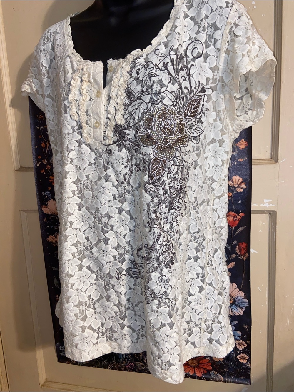 Y2K SHEER LACE BLING ROSE TOP Cream & Brown Floral Embroidered NOS VANITY